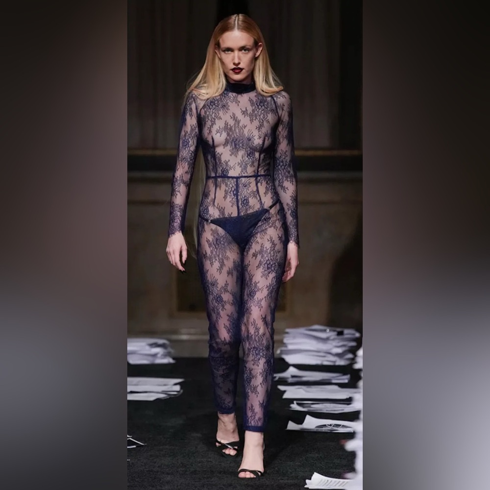 Elegant Lace Sheer Bodysuit - Blue